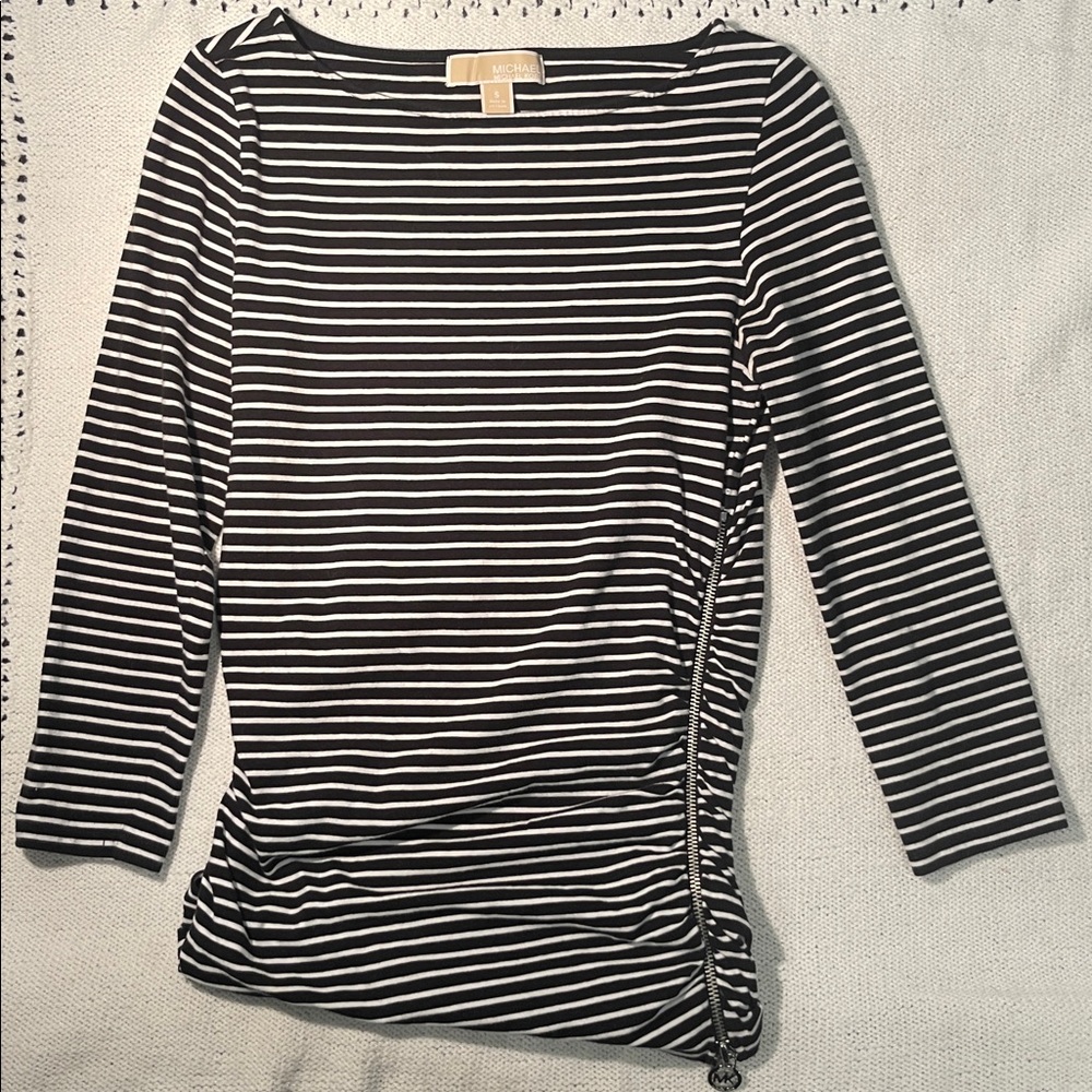 Michael Kors Striped Top with Logo Zipper small 3/4 sleeves